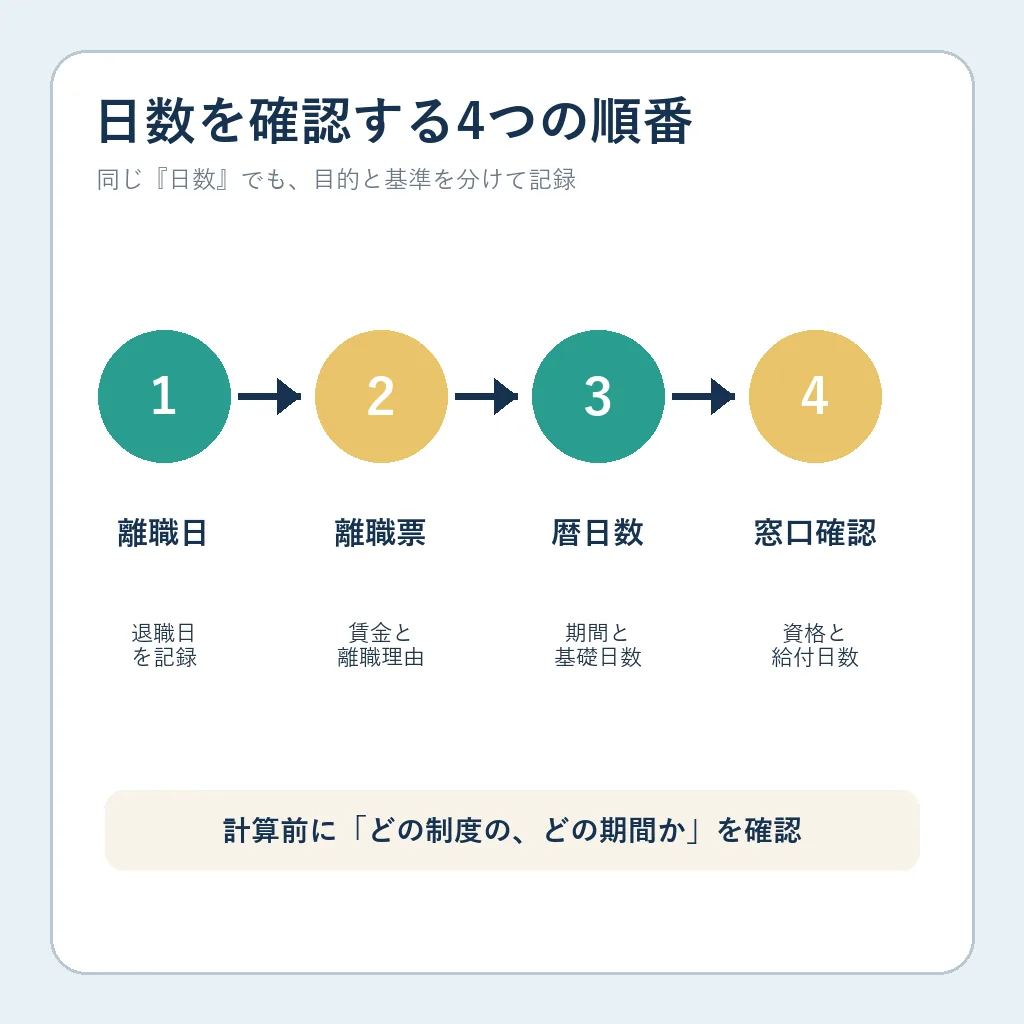 離職日、離職票、暦日数、窓口確認の順番を示す日数管理フロー
